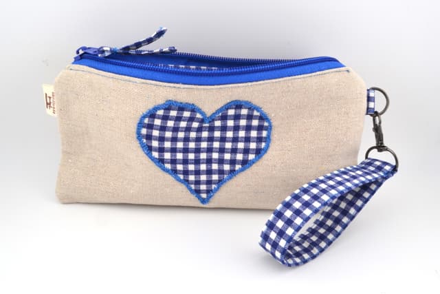 Gingham Heart Wristlet Pouch with Hand-Sewn Appliqué 