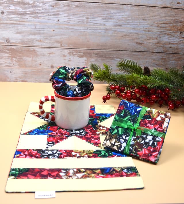 Festive Bow Glow Cozy Set, quilted mug rug, trio coasters, and scrunchie