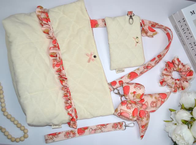 Strawberries and Cream Quilted Corduroy Tote Set, Detachable XL Bow, 5 Piece Bundle